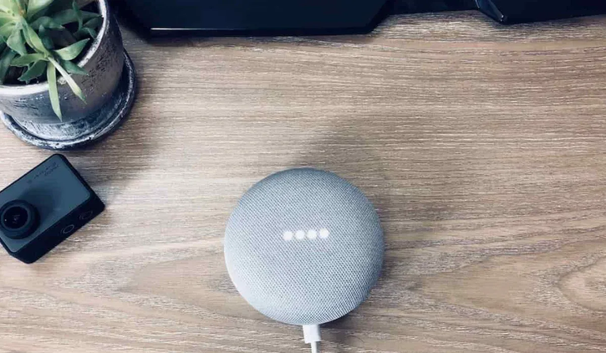 A tech-fueled year: grey fabric smart speaker on a wooden desk seen from above, next to a potted succulent and a compact action camera