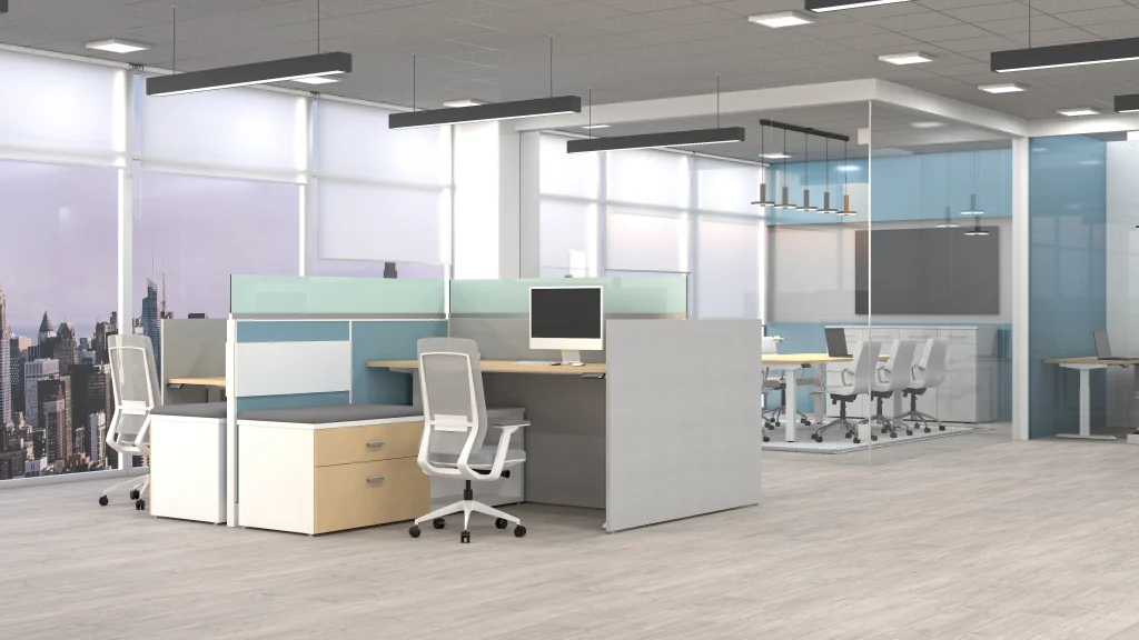 How Acoustics Transform Open Offices: workstations with seafoam glass screens, white chairs and wood pedestals, with a meeting room in the background